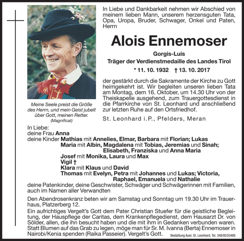  Traueranzeige für Alois Ennemoser vom 14.10.2017 aus Dolomiten