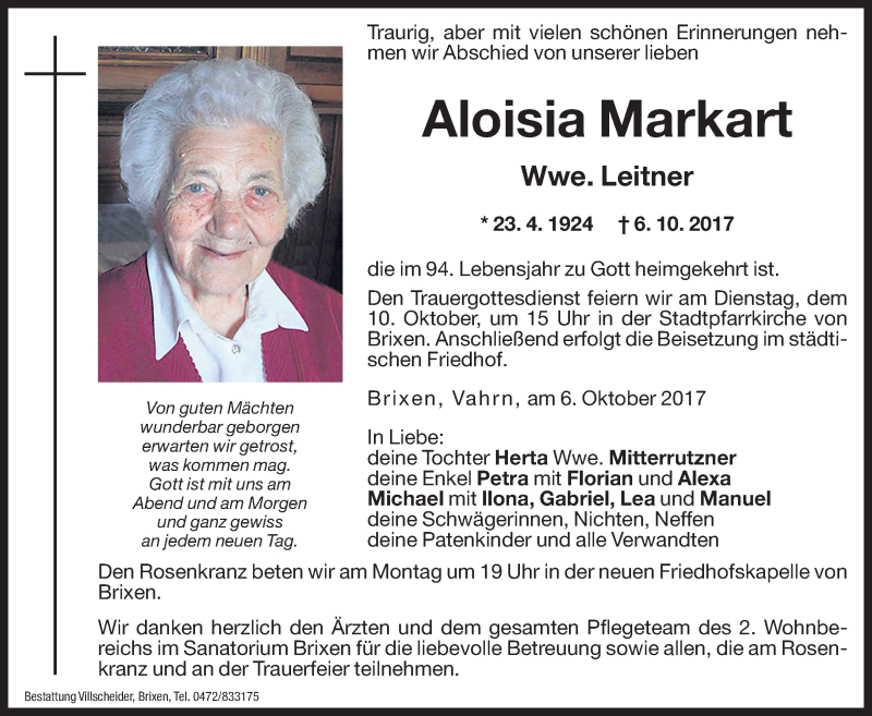  Traueranzeige für Aloisia Leitner vom 09.10.2017 aus Dolomiten