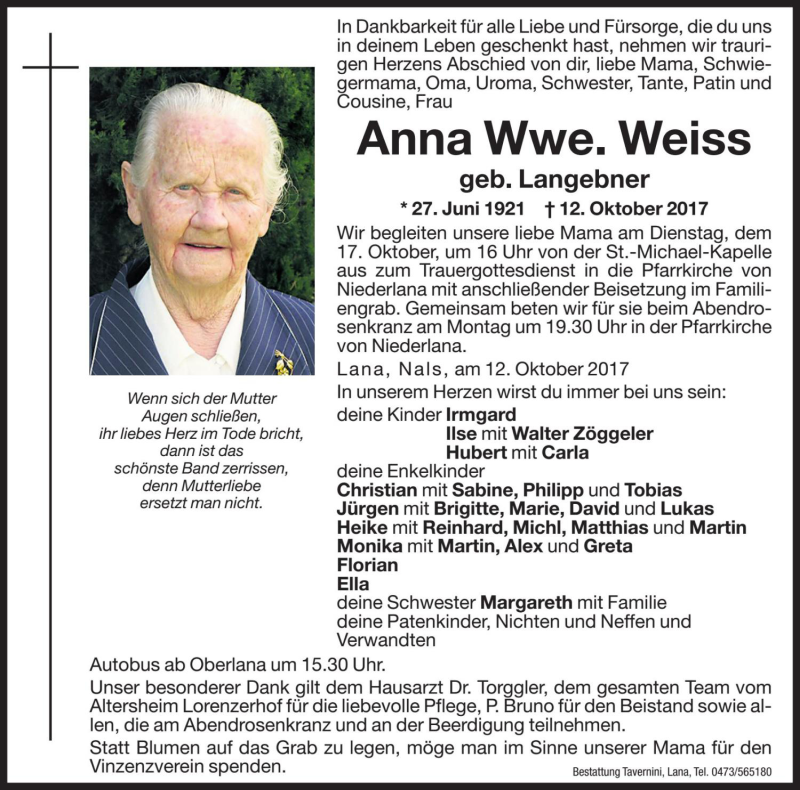  Traueranzeige für Anna Weiss vom 14.10.2017 aus Dolomiten