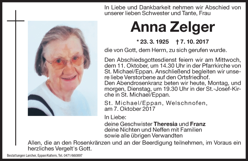  Traueranzeige für Anna Zelger vom 09.10.2017 aus Dolomiten