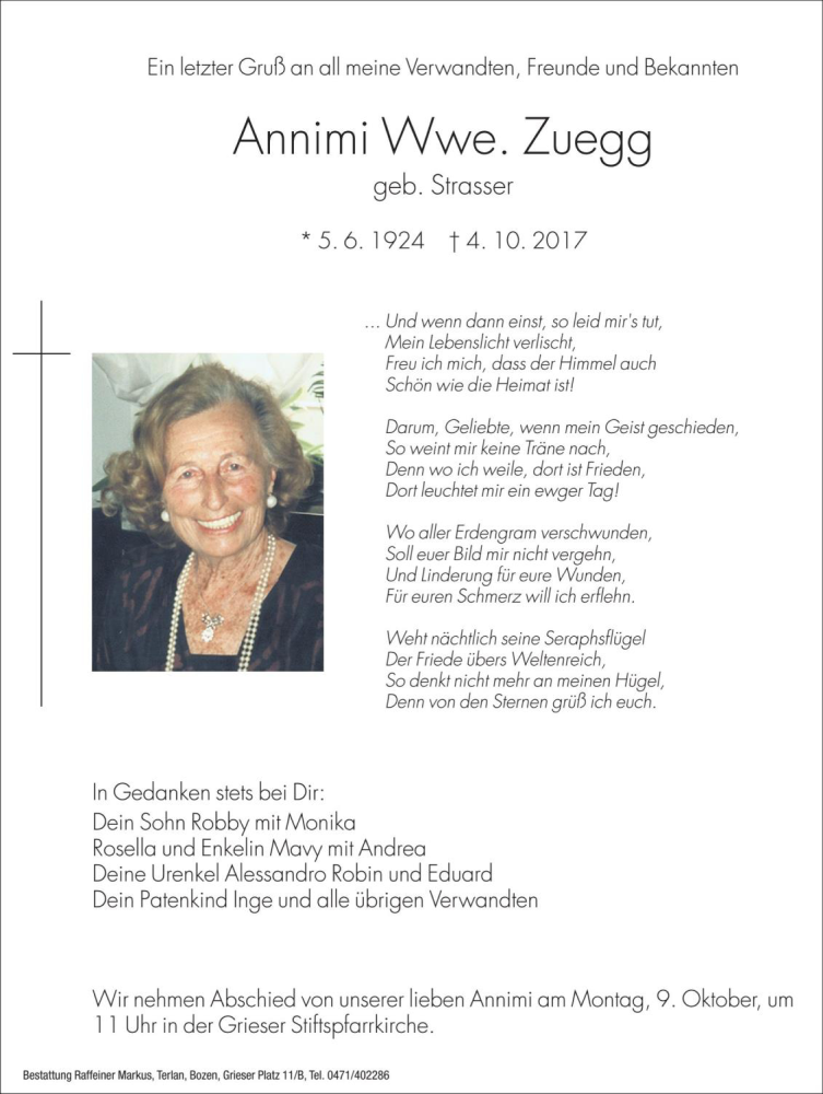  Traueranzeige für Annimi Zuegg vom 07.10.2017 aus Dolomiten