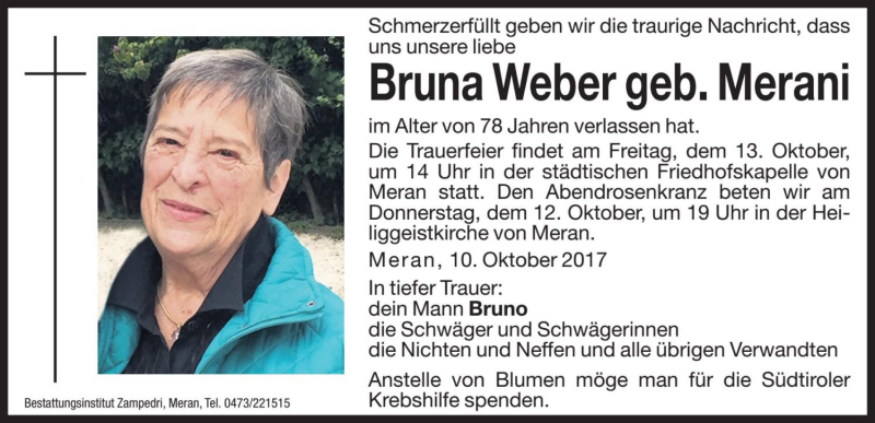  Traueranzeige für Bruna Weber vom 12.10.2017 aus Dolomiten