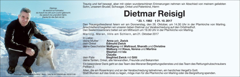  Traueranzeige für Dietmar Reisigl vom 24.10.2017 aus Dolomiten
