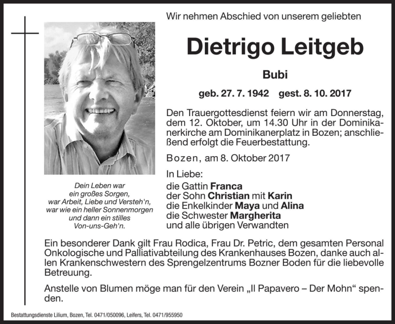  Traueranzeige für Dietrigo Leitgeb vom 10.10.2017 aus Dolomiten