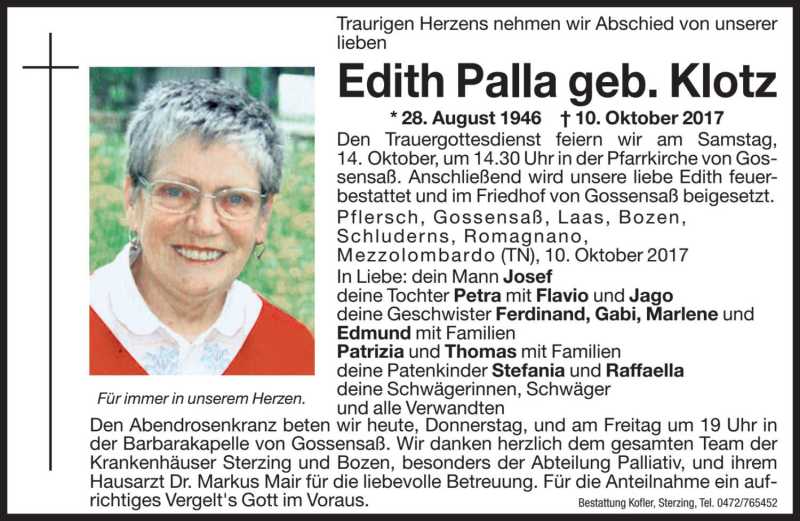  Traueranzeige für Edith Palla vom 12.10.2017 aus Dolomiten