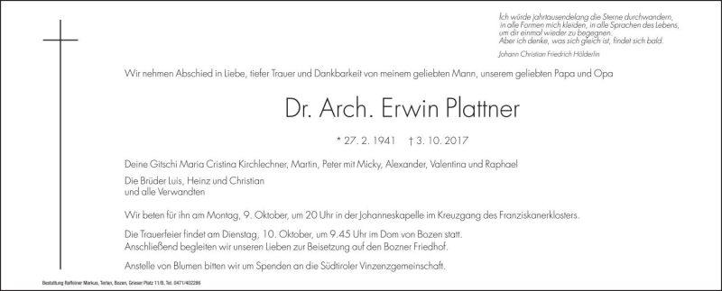  Traueranzeige für Erwin Plattner vom 06.10.2017 aus Dolomiten