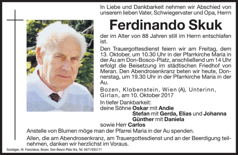  Traueranzeige für Ferdinando Skuk vom 12.10.2017 aus Dolomiten