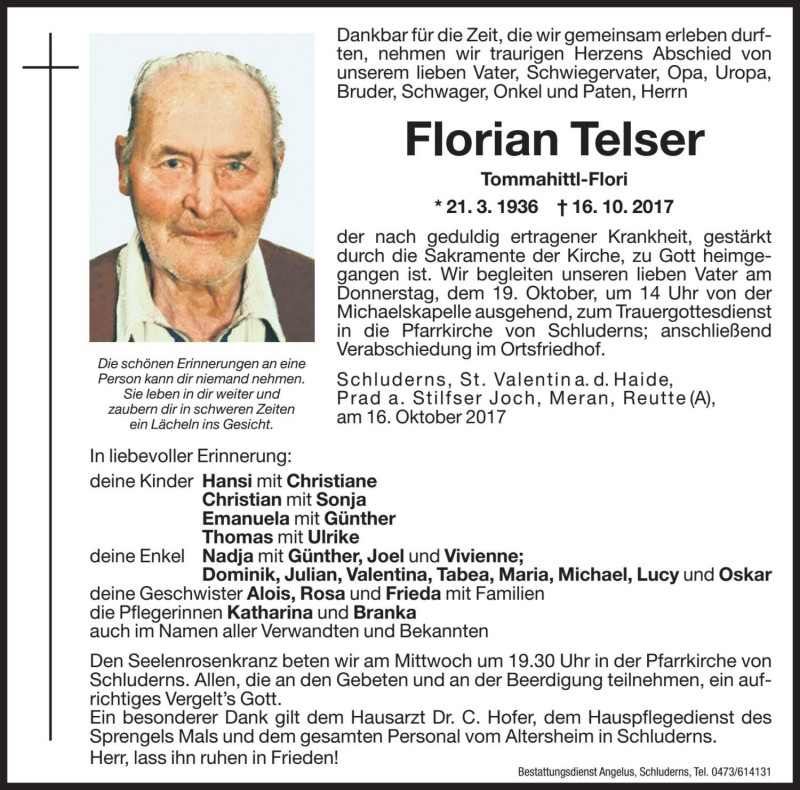  Traueranzeige für Florian Telser vom 18.10.2017 aus Dolomiten