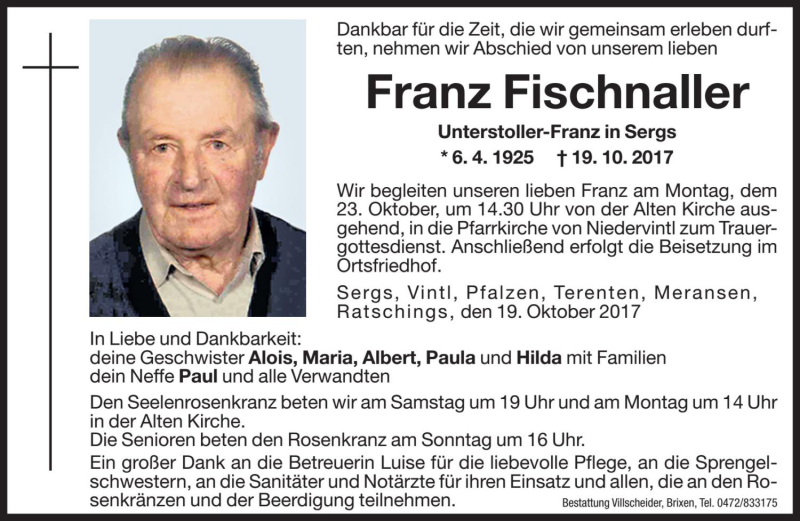  Traueranzeige für Franz Fischnaller vom 21.10.2017 aus Dolomiten