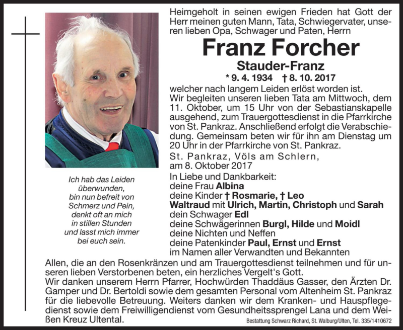  Traueranzeige für Franz Forcher vom 10.10.2017 aus Dolomiten