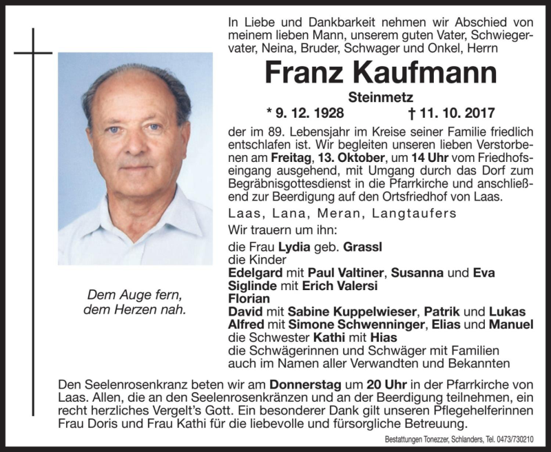  Traueranzeige für Franz Kaufmann vom 12.10.2017 aus Dolomiten