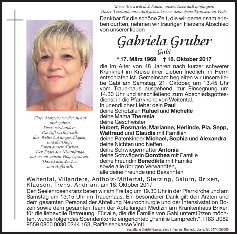 Traueranzeige für Gabriela Gruber vom 20.10.2017 aus Dolomiten