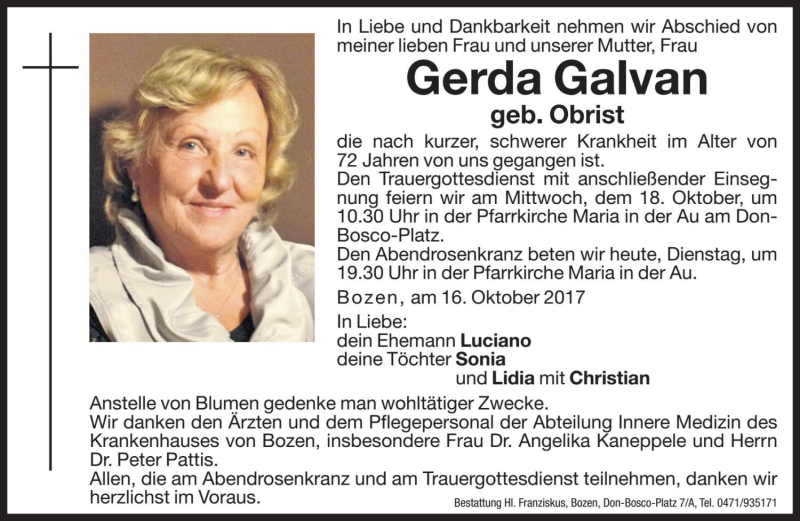  Traueranzeige für Gerda Galvan vom 17.10.2017 aus Dolomiten