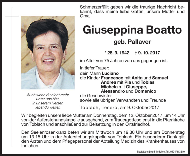  Traueranzeige für Giuseppina Boatto vom 11.10.2017 aus Dolomiten