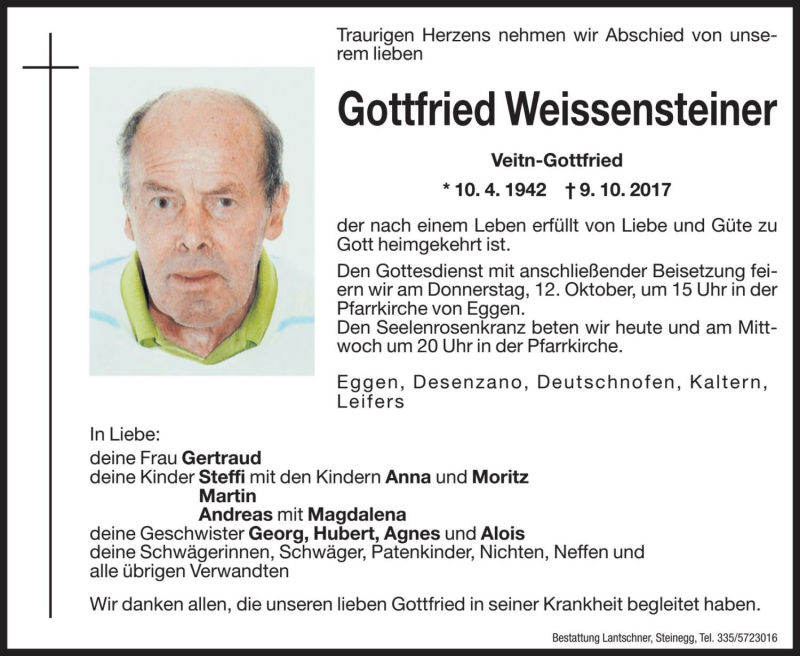  Traueranzeige für Gottfried Weissensteiner vom 10.10.2017 aus Dolomiten