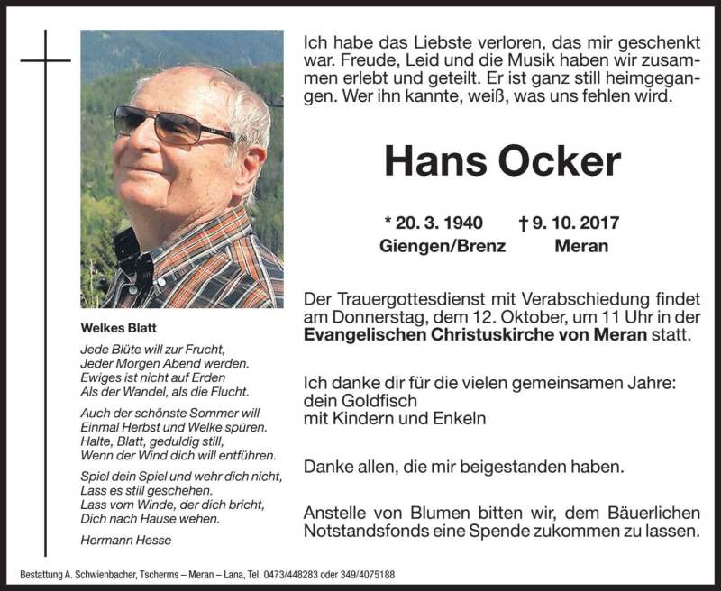  Traueranzeige für Hans Ocker vom 11.10.2017 aus Dolomiten