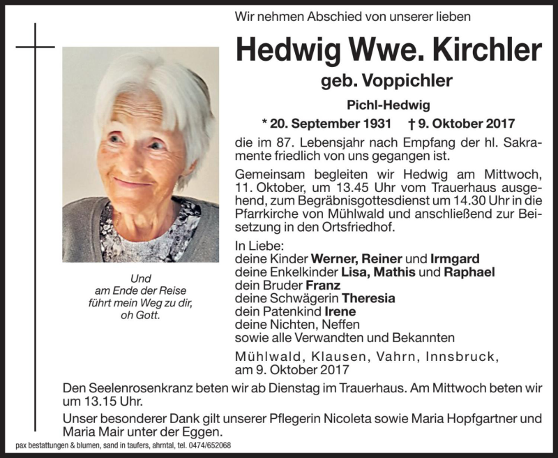  Traueranzeige für Hedwig Kirchler vom 10.10.2017 aus Dolomiten