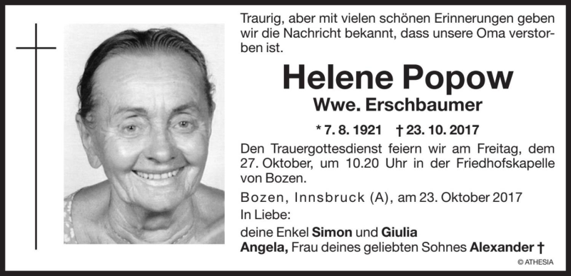  Traueranzeige für Helene Erschbaumer vom 25.10.2017 aus Dolomiten