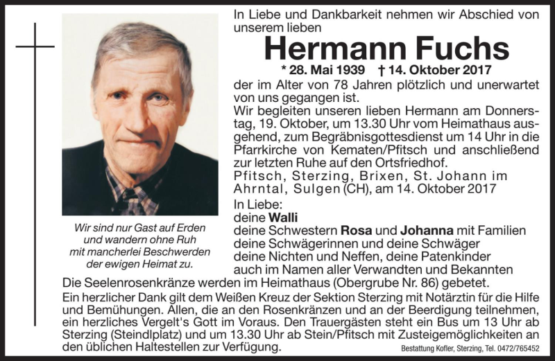  Traueranzeige für Hermann Fuchs vom 17.10.2017 aus Dolomiten