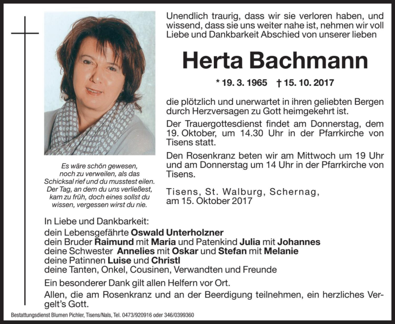  Traueranzeige für Herta Bachmann  vom 18.10.2017 aus Dolomiten