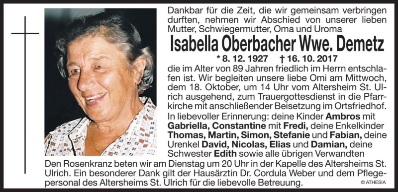  Traueranzeige für Isabella Demetz vom 17.10.2017 aus Dolomiten
