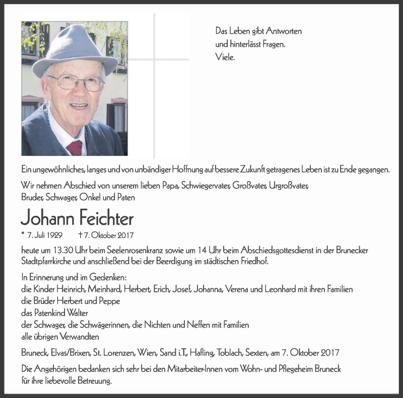  Traueranzeige für Johann Feichter vom 09.10.2017 aus Dolomiten
