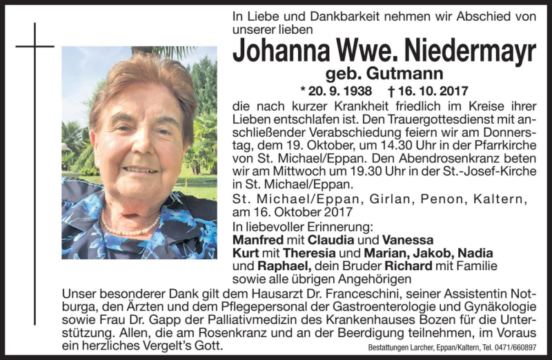  Traueranzeige für Johanna Niedermayr vom 18.10.2017 aus Dolomiten