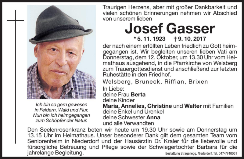  Traueranzeige für Josef Gasser vom 11.10.2017 aus Dolomiten