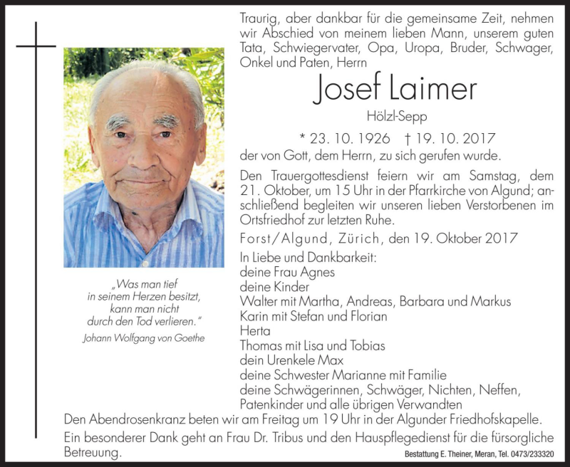  Traueranzeige für Josef Laimer vom 20.10.2017 aus Dolomiten