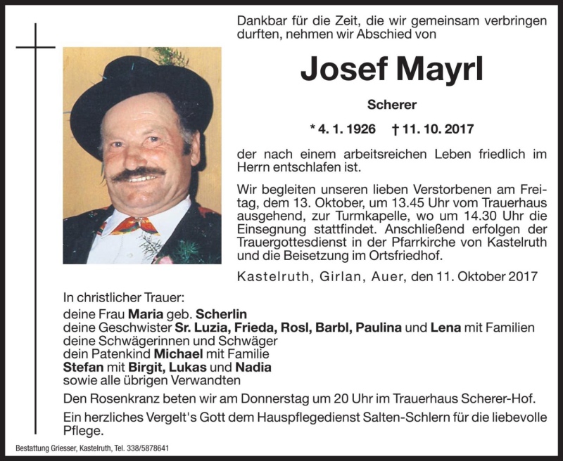  Traueranzeige für Josef Mayrl vom 12.10.2017 aus Dolomiten