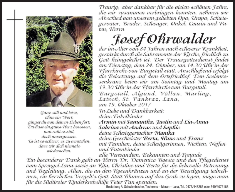  Traueranzeige für Josef Ohrwalder vom 21.10.2017 aus Dolomiten