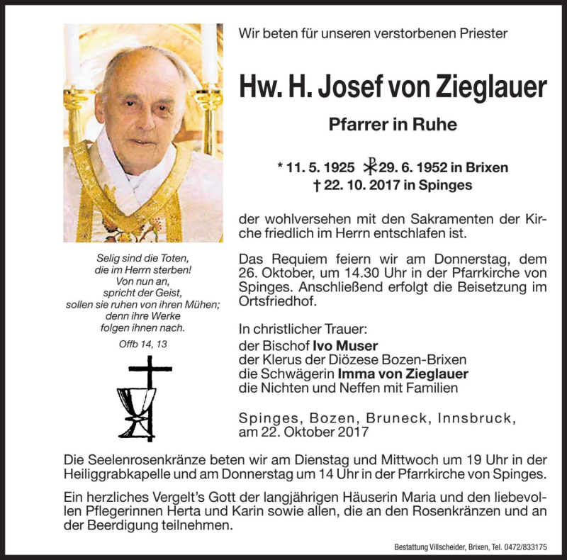  Traueranzeige für Josef von Zieglauer vom 24.10.2017 aus Dolomiten