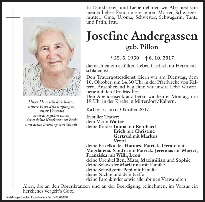  Traueranzeige für Josefine Andergassen vom 09.10.2017 aus Dolomiten