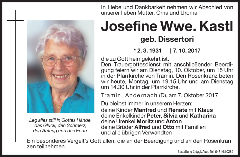  Traueranzeige für Josefine Kastl  vom 09.10.2017 aus Dolomiten