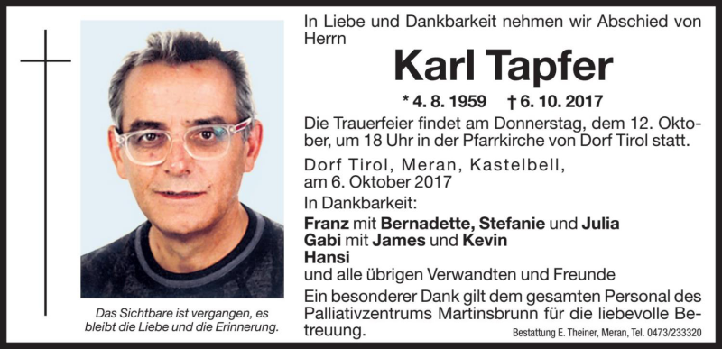  Traueranzeige für Karl Tapfer vom 11.10.2017 aus Dolomiten