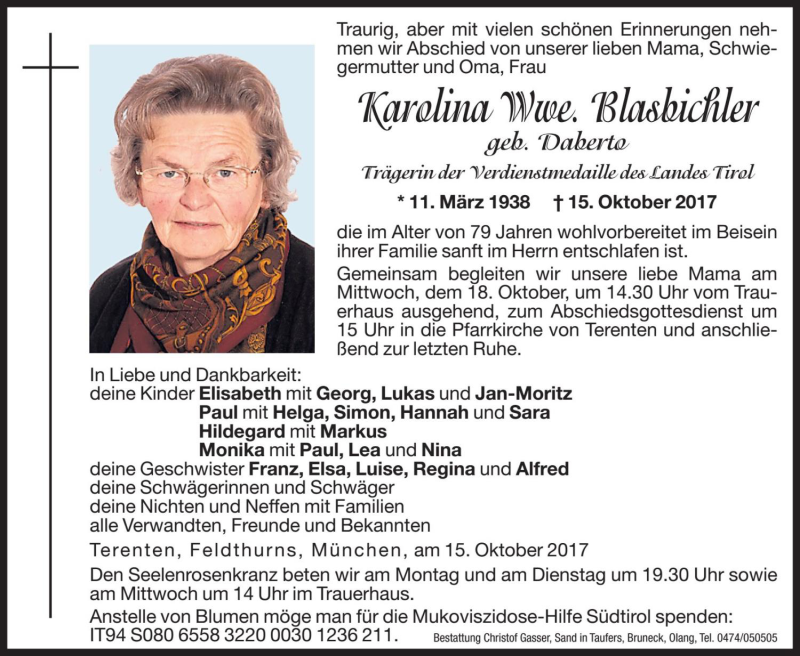  Traueranzeige für Karolina Blasbichler vom 16.10.2017 aus Dolomiten