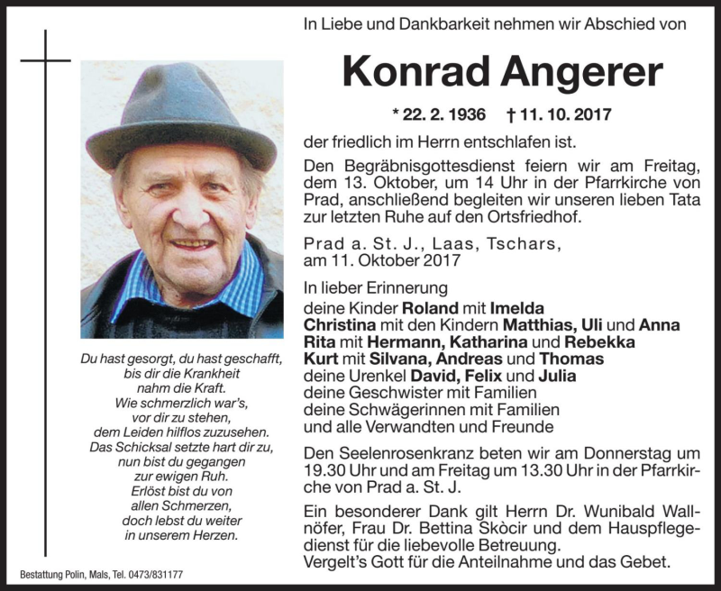  Traueranzeige für Konrad Angerer vom 12.10.2017 aus Dolomiten
