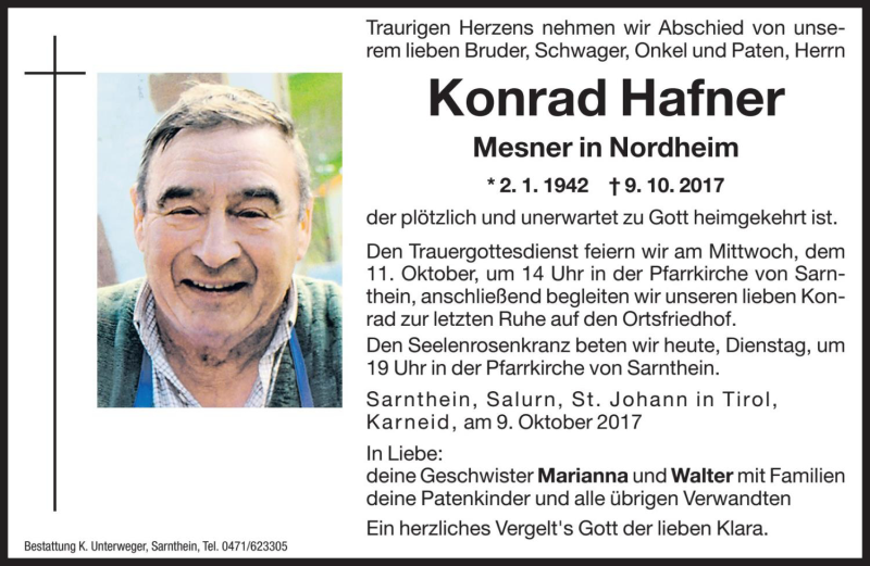  Traueranzeige für Konrad Hafner vom 10.10.2017 aus Dolomiten