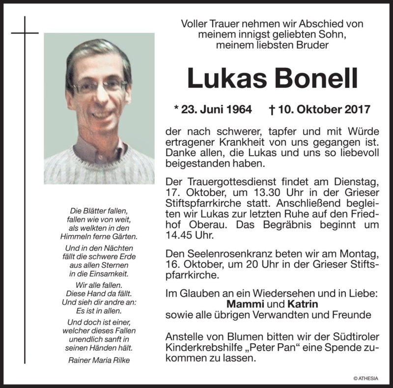 Traueranzeige für Lukas Bonell vom 14.10.2017 aus Dolomiten