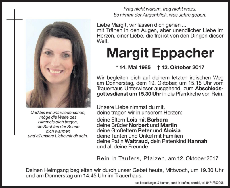  Traueranzeige für Margit Eppacher vom 18.10.2017 aus Dolomiten