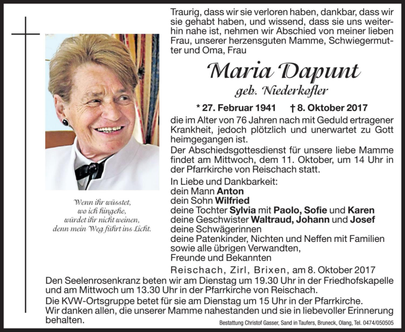  Traueranzeige für Maria Dapunt vom 10.10.2017 aus Dolomiten