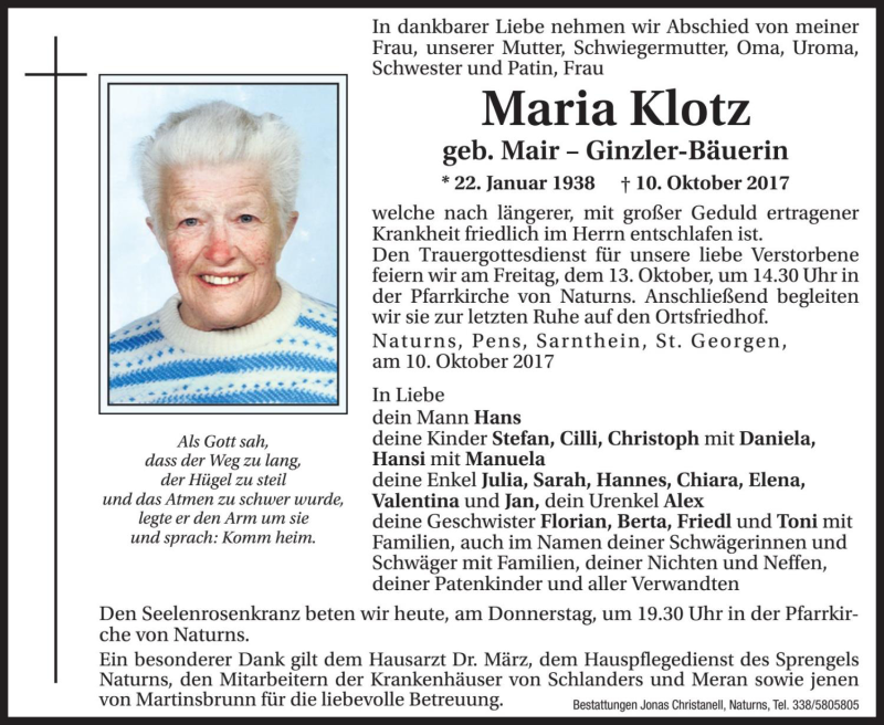  Traueranzeige für Maria Klotz vom 12.10.2017 aus Dolomiten