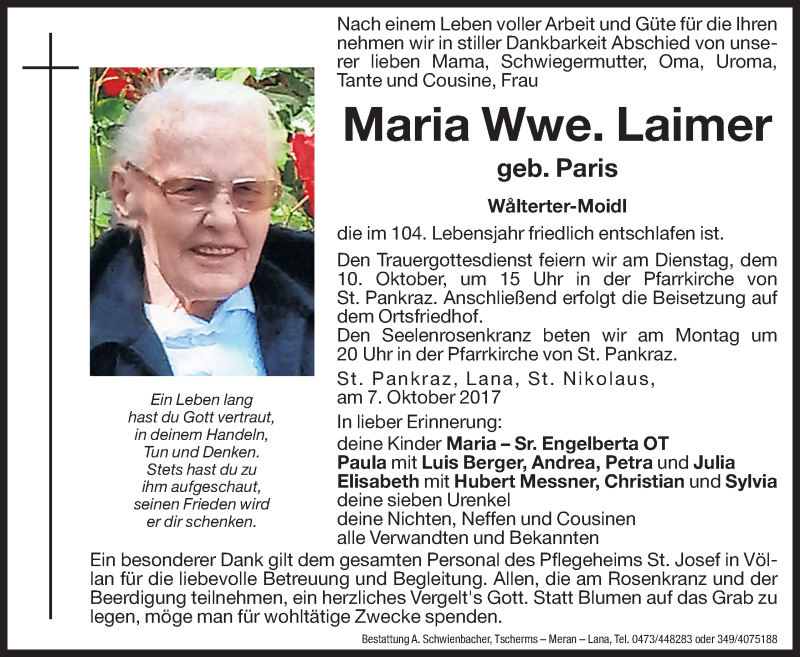  Traueranzeige für Maria Laimer vom 09.10.2017 aus Dolomiten