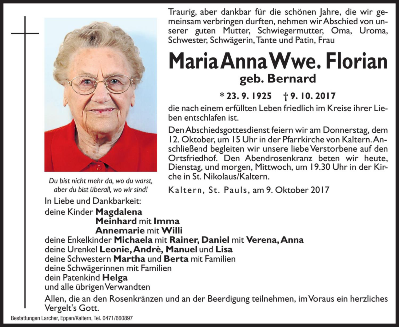  Traueranzeige für Maria Anna Florian vom 10.10.2017 aus Dolomiten