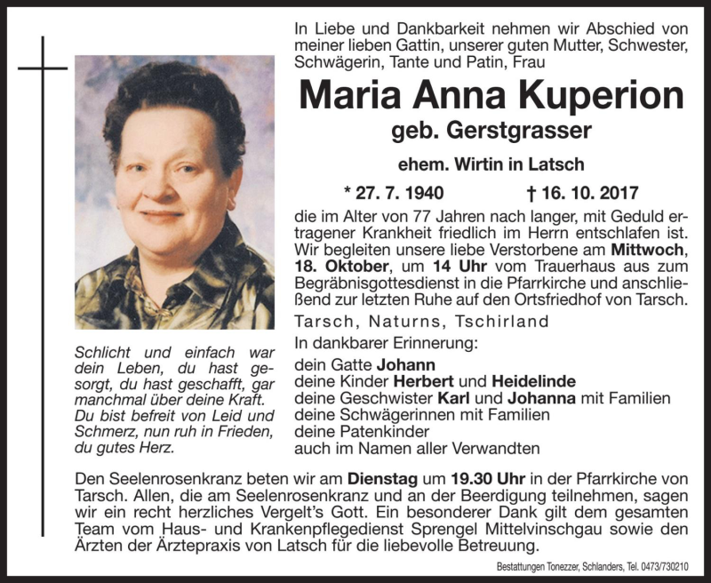  Traueranzeige für Maria Anna Kuperion vom 17.10.2017 aus Dolomiten