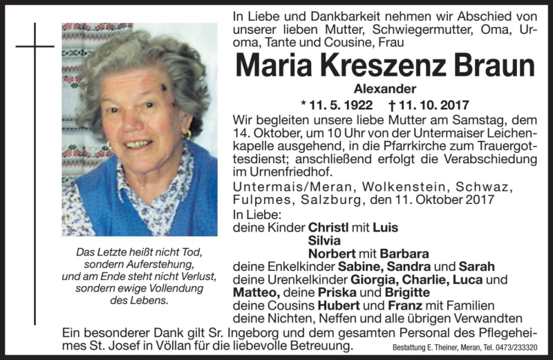  Traueranzeige für Maria Kreszenz Braun vom 13.10.2017 aus Dolomiten