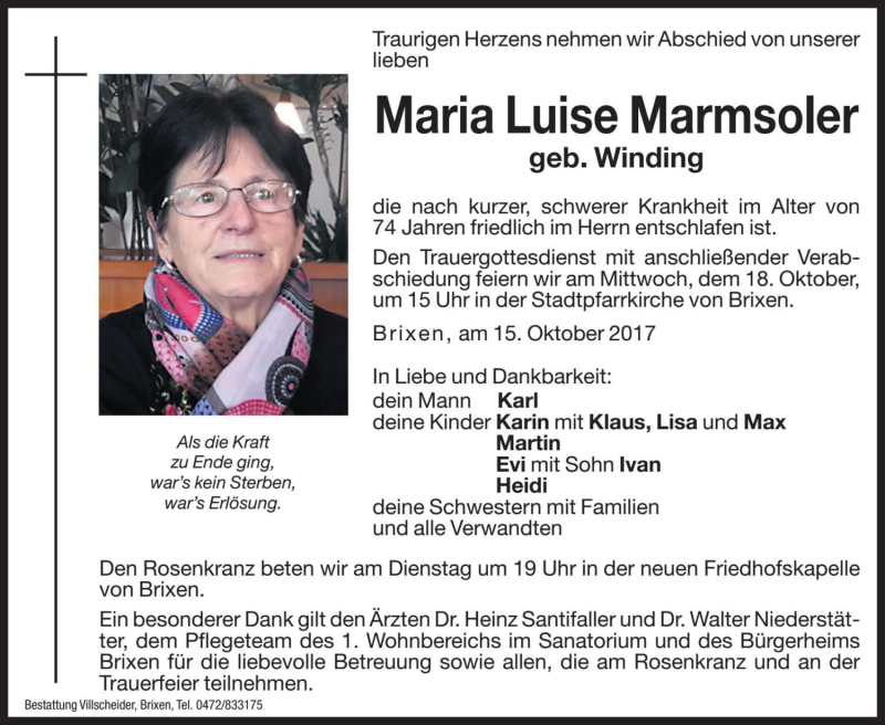  Traueranzeige für Maria Luise Marmsoler vom 16.10.2017 aus Dolomiten
