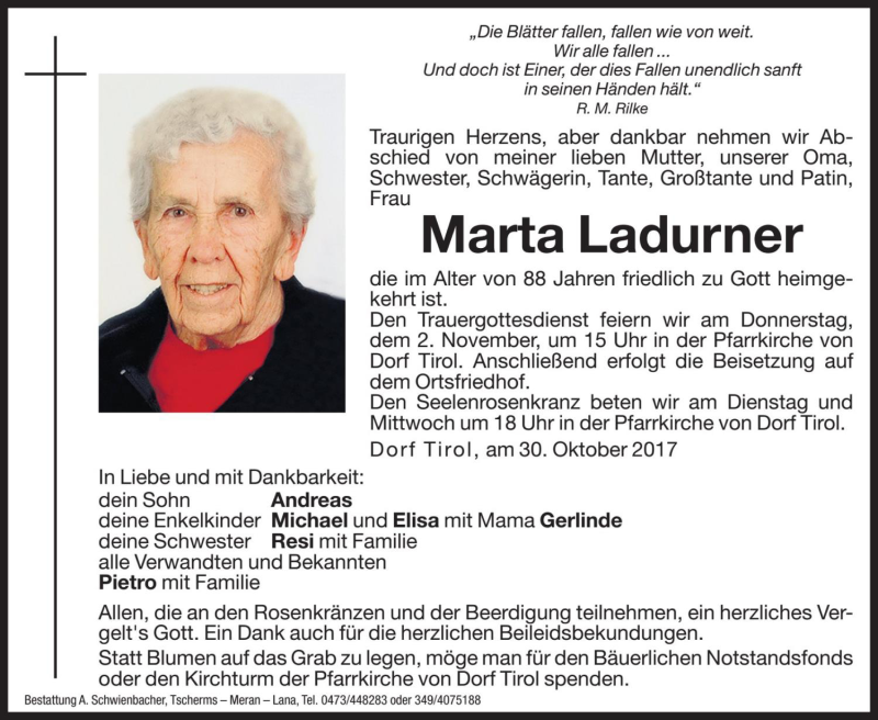  Traueranzeige für Marta Ladurner vom 31.10.2017 aus Dolomiten