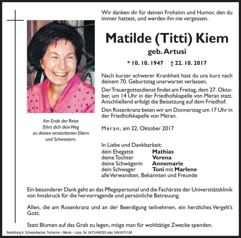  Traueranzeige für Matilde Kiem vom 25.10.2017 aus Dolomiten