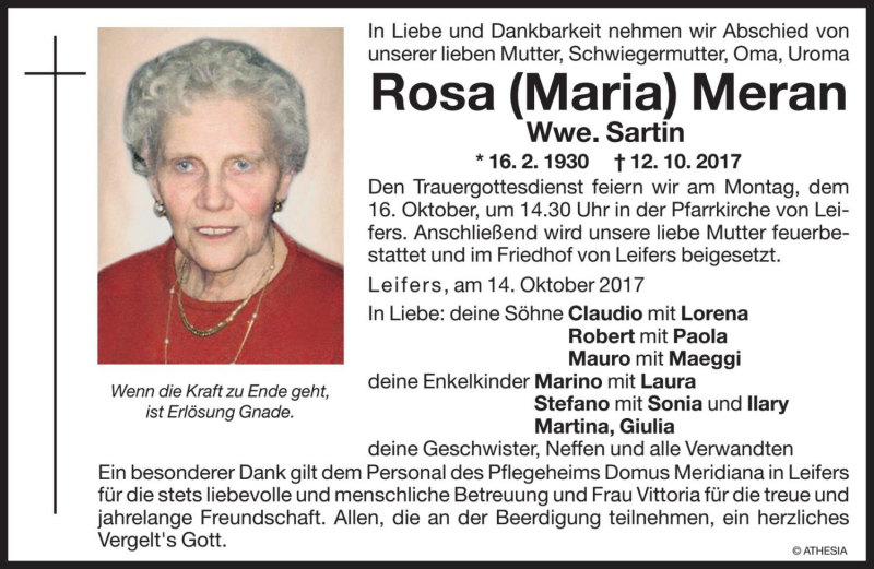  Traueranzeige für Rosa Sartin vom 14.10.2017 aus Dolomiten